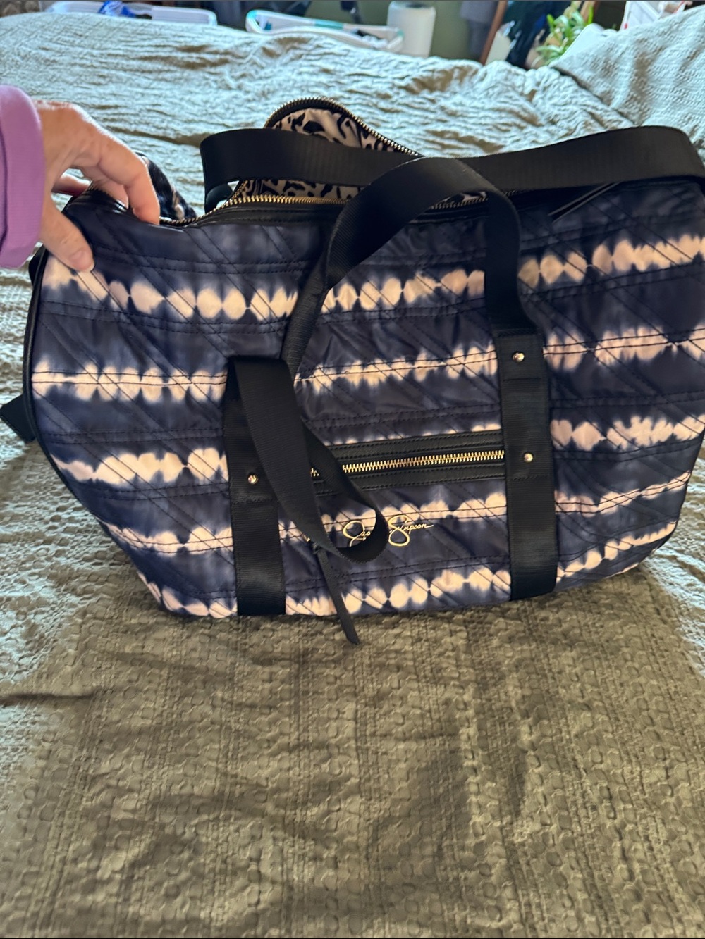Jessica Simpson Navy and White Quilted Tie-Dye Travel Bag